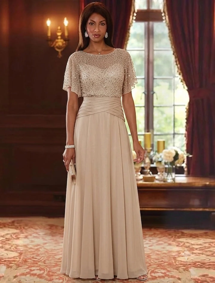 A-Line/Princess Scoop Chiffon Mother of the Bride Dresses Sequins Cape Sleeves Ruched Floor-Length