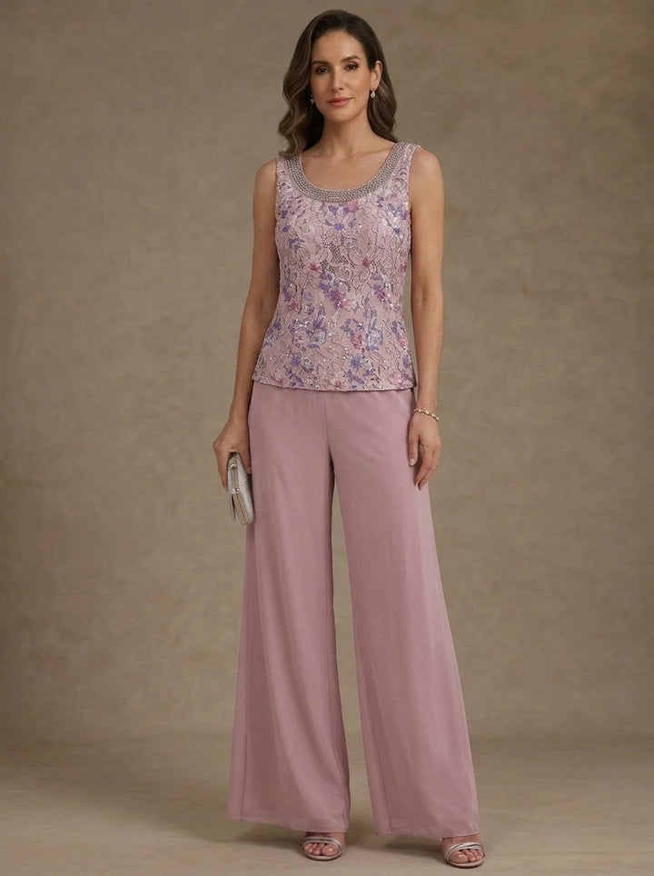 3 Pieces Chiffon Scoop Mother of the Bride Pantsuits with Jacket Ankle-Length Lace Floral 3/4 Sleeves