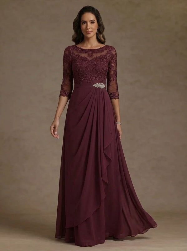 A-Line/Princess Scoop Chiffon Mother of the Bride Dresses Lace Floral Ruffles Floor-Length 3/4 Sleeves