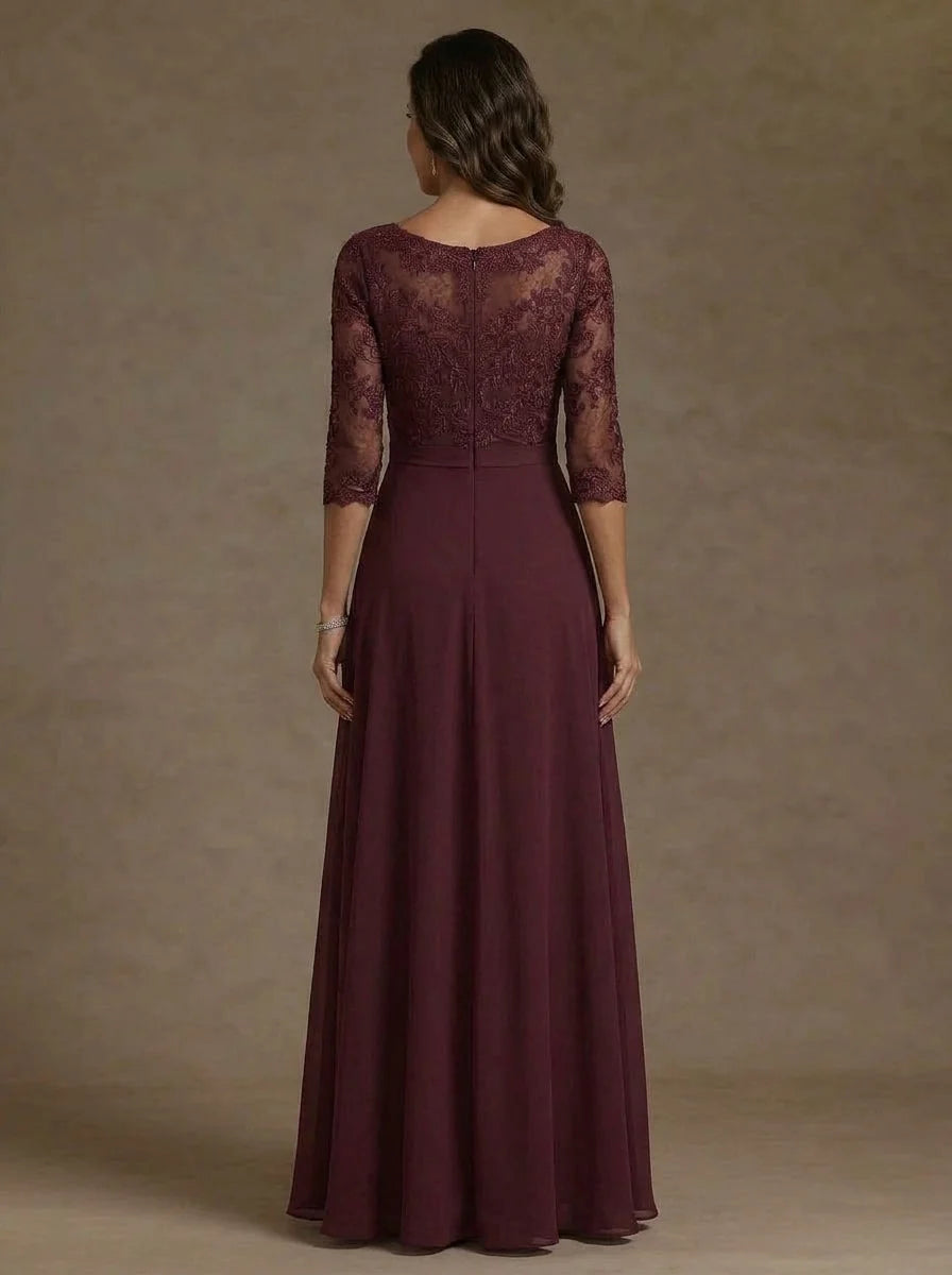 A-Line/Princess Scoop Chiffon Mother of the Bride Dresses Lace Floral Ruffles Floor-Length 3/4 Sleeves