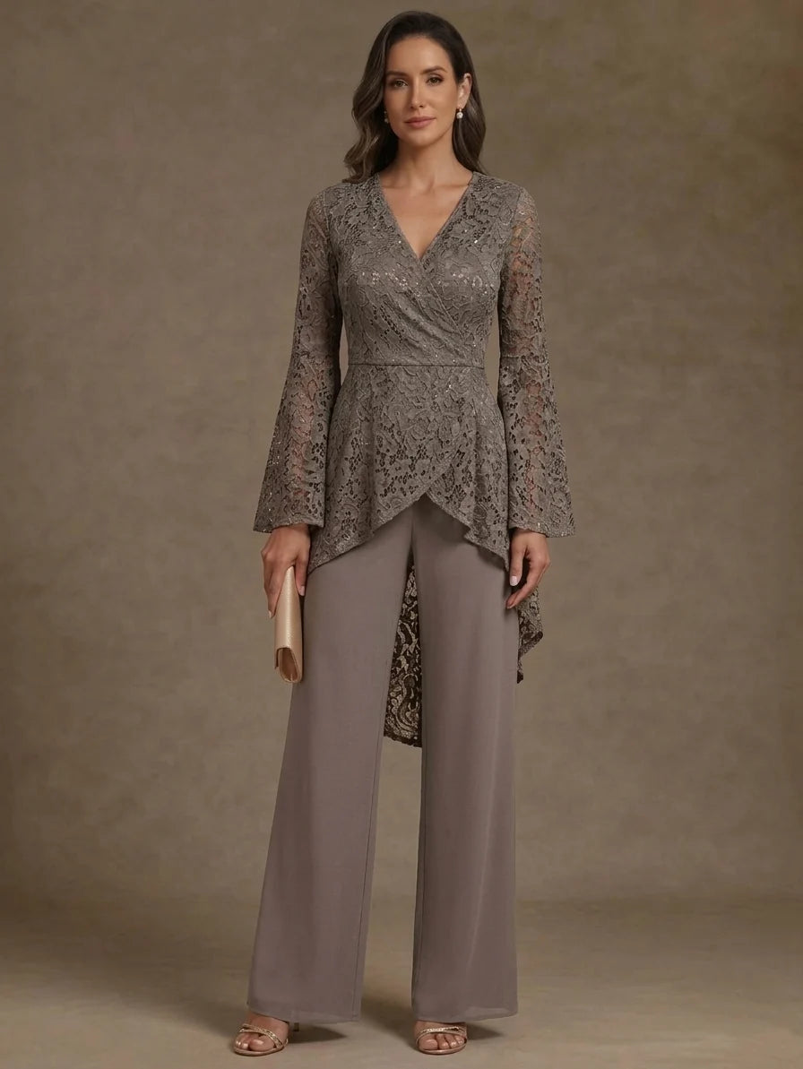 2 Pieces V-Neck Mother of the Bride Pantsuits Ankle-Length Lace Floral Long Sleeves