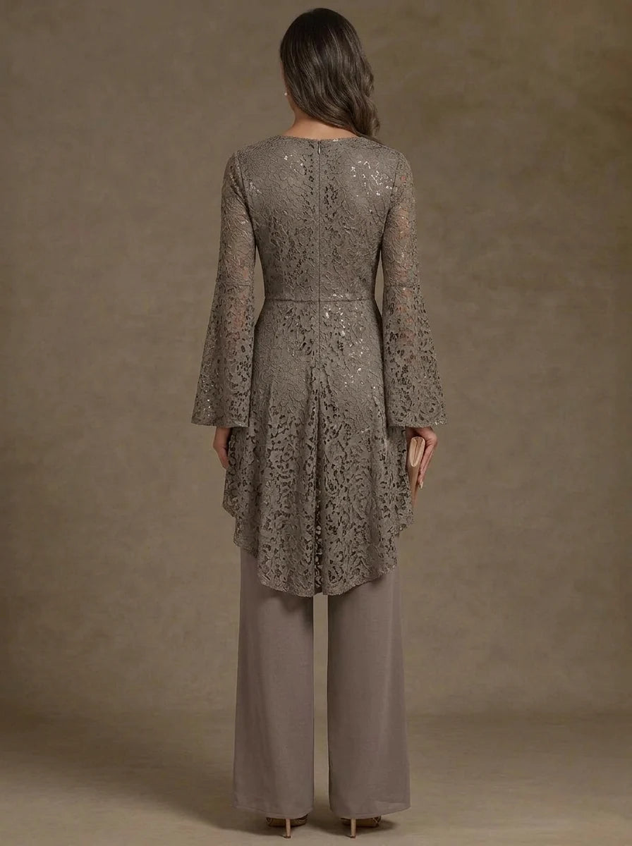 2 Pieces V-Neck Mother of the Bride Pantsuits Ankle-Length Lace Floral Long Sleeves