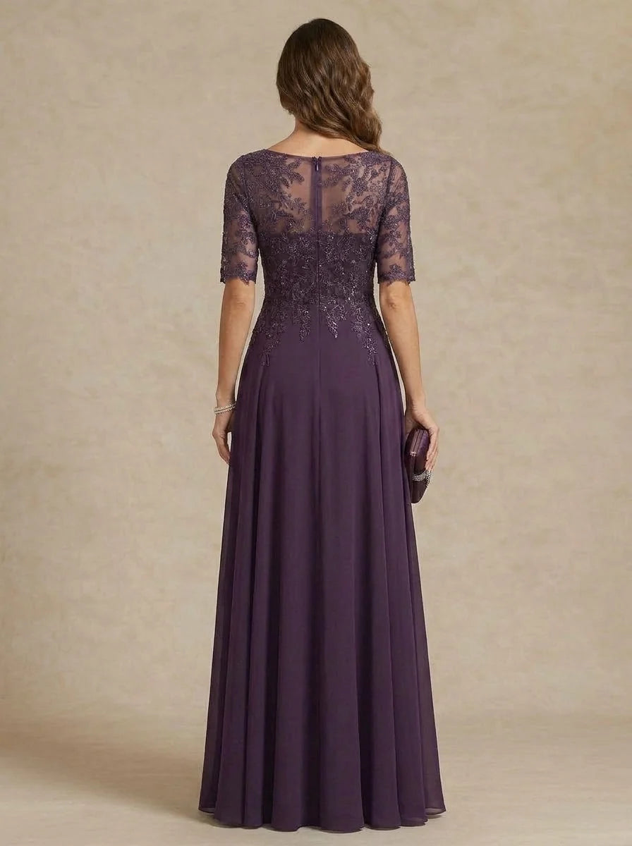 A-Line/Princess Scoop Chiffon Mother of the Bride Dresses Lace Floral Floor-Length Half Sleeves