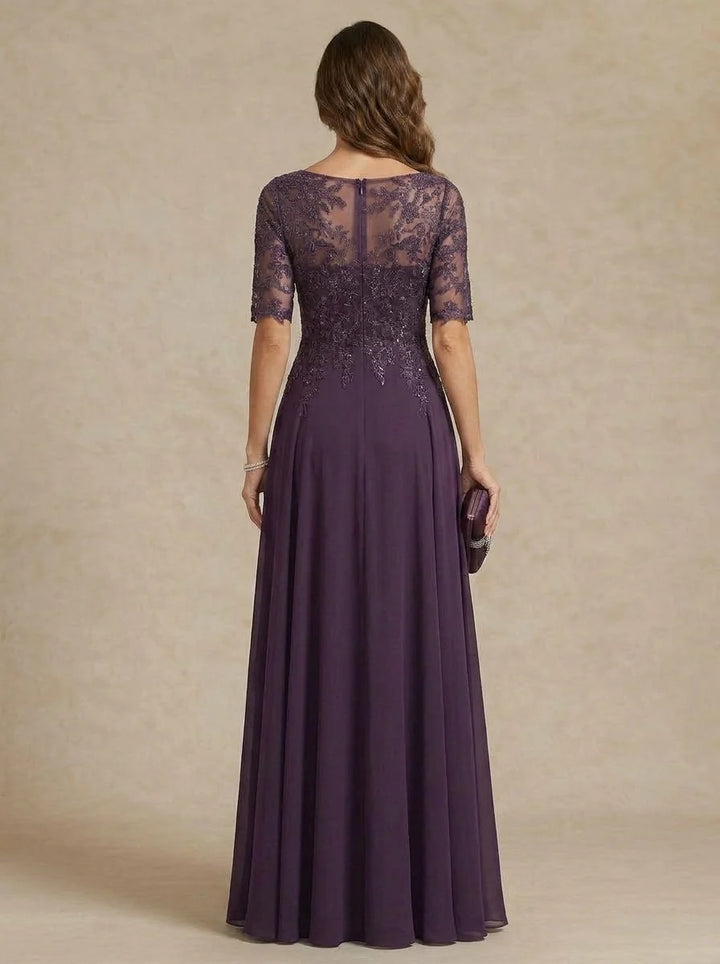 A-Line/Princess Scoop Chiffon Mother of the Bride Dresses Lace Floral Floor-Length Half Sleeves