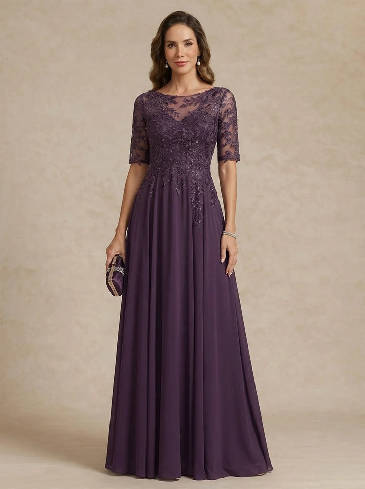 A-Line/Princess Scoop Chiffon Mother of the Bride Dresses Lace Floral Floor-Length Half Sleeves