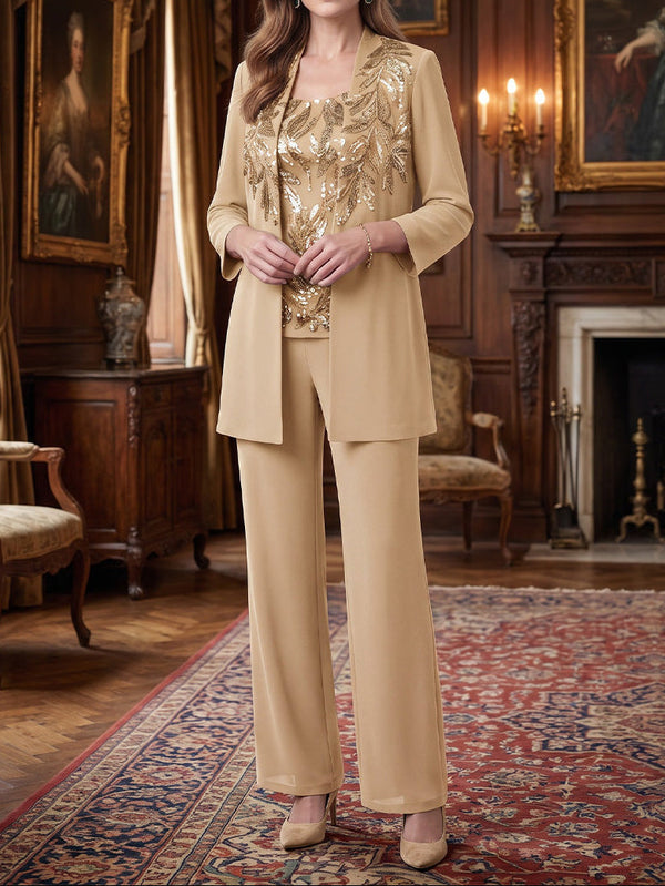 3 Pieces Scoop Chiffon Mother of the Bride Pantsuits Sequins 3/4 Sleeves Ankle-Length