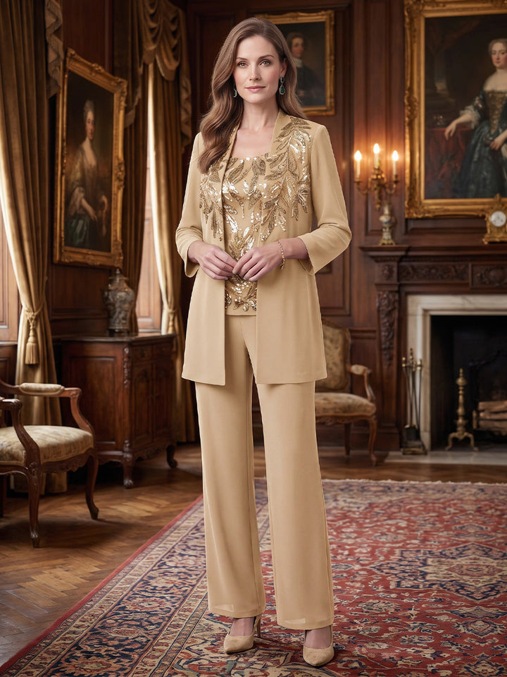 3 Pieces Scoop Chiffon Mother of the Bride Pantsuits Sequins 3/4 Sleeves Ankle-Length