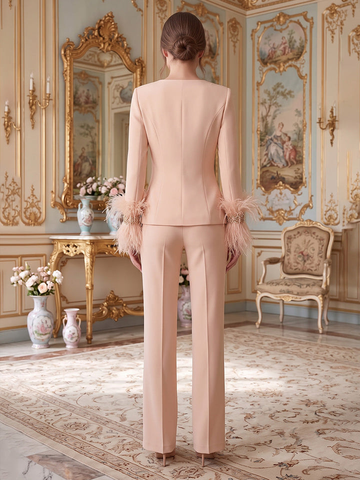 3 Pieces Scoop Stretch Satin Mother of the Bride Pantsuits Long Sleeves Ankle-Length With Feathers