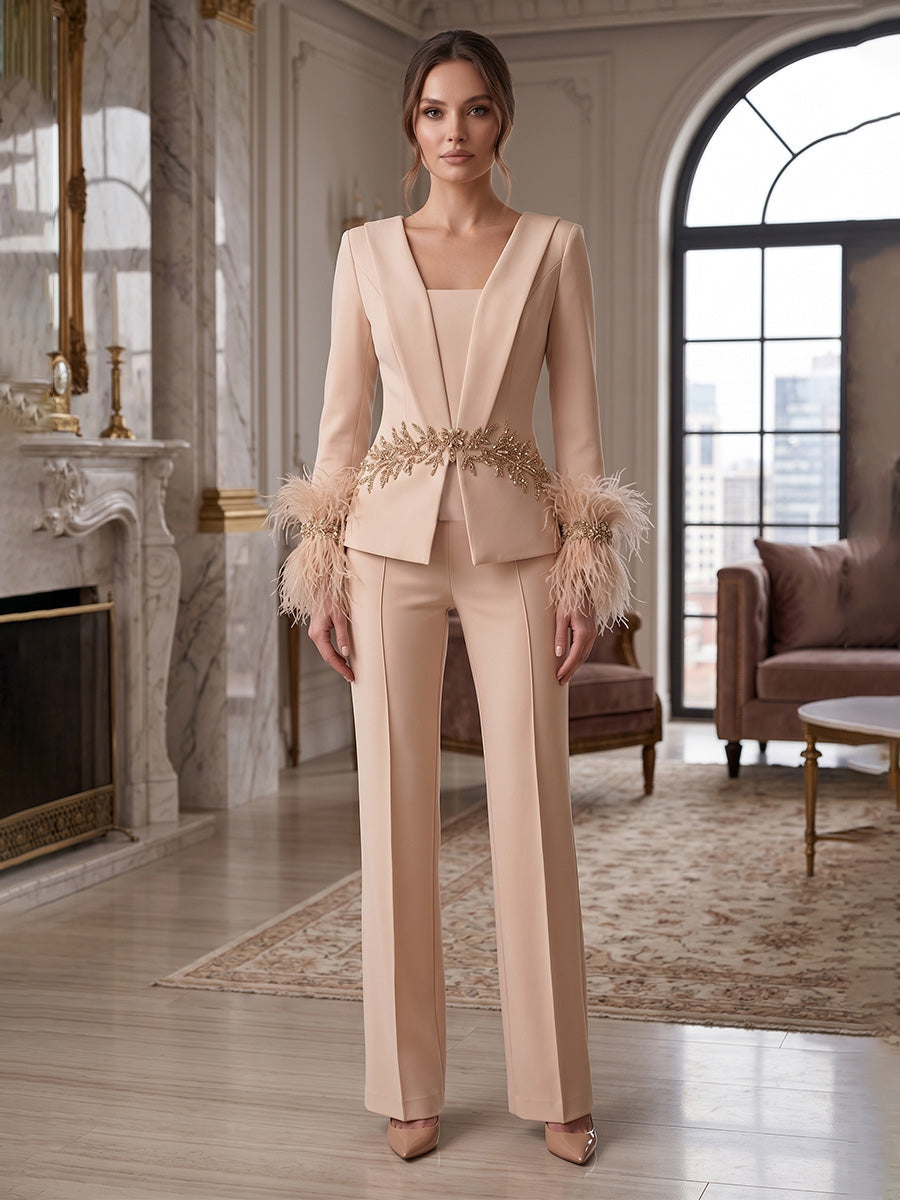 3 Pieces Scoop Stretch Satin Mother of the Bride Pantsuits Long Sleeves Ankle-Length With Feathers