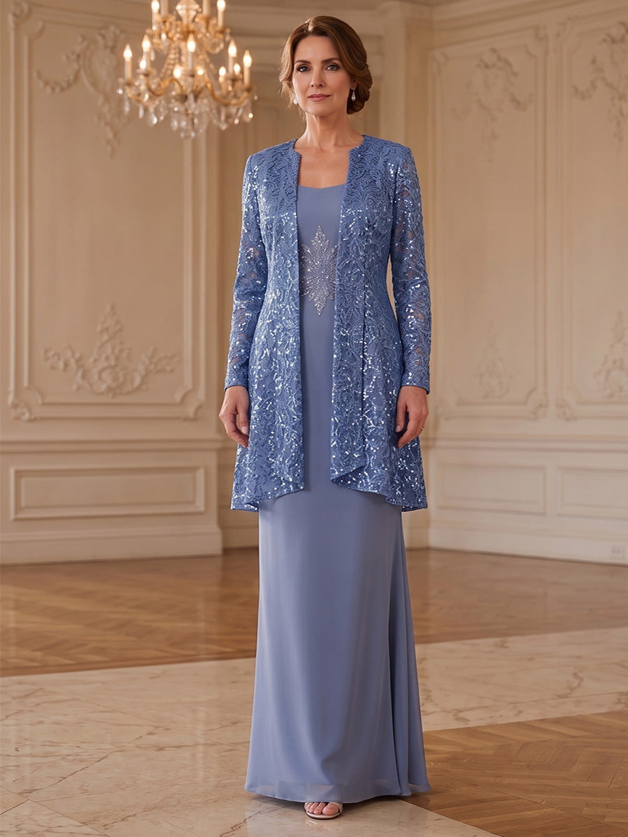 2 Pieces Sheath/Column Scoop Chiffon Mother of the Bride Dresses Sequins Long Sleeves Floor-Length
