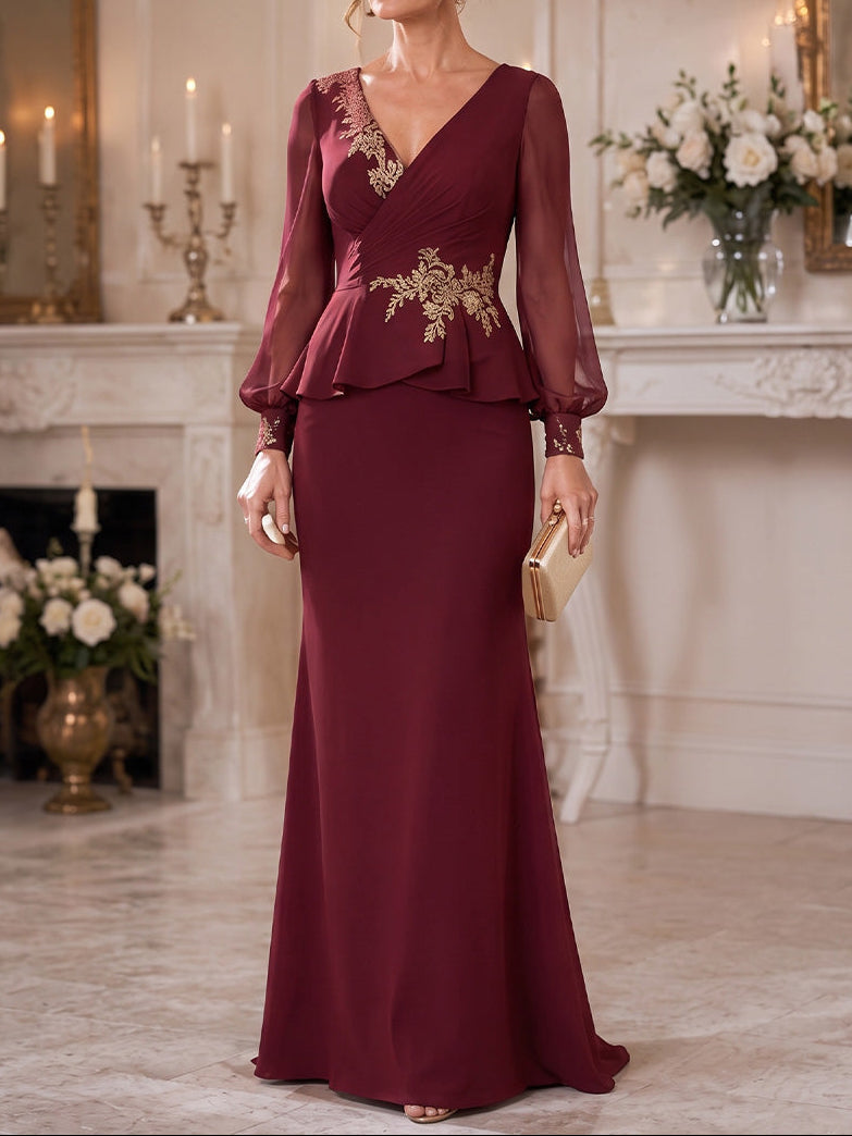 Sheath/Column V-Neck Chiffon Mother of the Bride Dresses Floor-Length Long Sleeves With Lace Applique