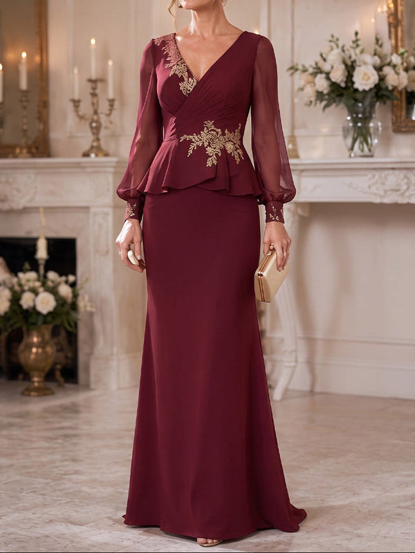 Sheath/Column V-Neck Chiffon Mother of the Bride Dresses Floor-Length Long Sleeves With Lace Applique