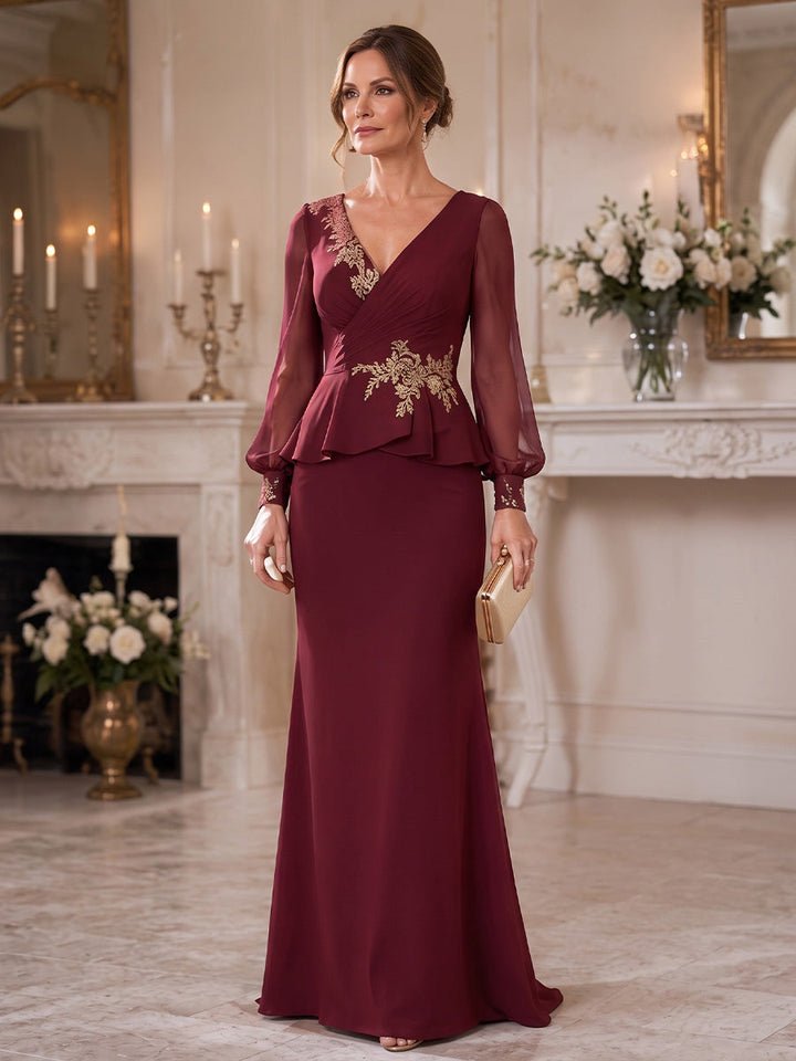 Sheath/Column V-Neck Chiffon Mother of the Bride Dresses Floor-Length Long Sleeves With Lace Applique