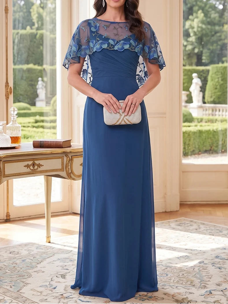 A-Line/Princess Boat Neck Chiffon Mother of the Bride Dresses Floral Cape Sleeves Floor-Length