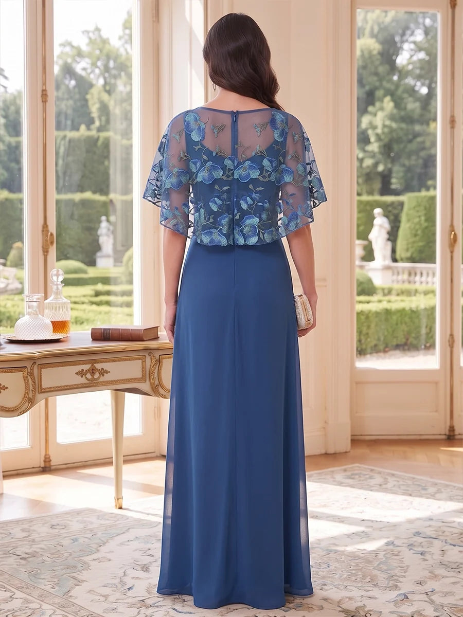 A-Line/Princess Boat Neck Chiffon Mother of the Bride Dresses Floral Cape Sleeves Floor-Length