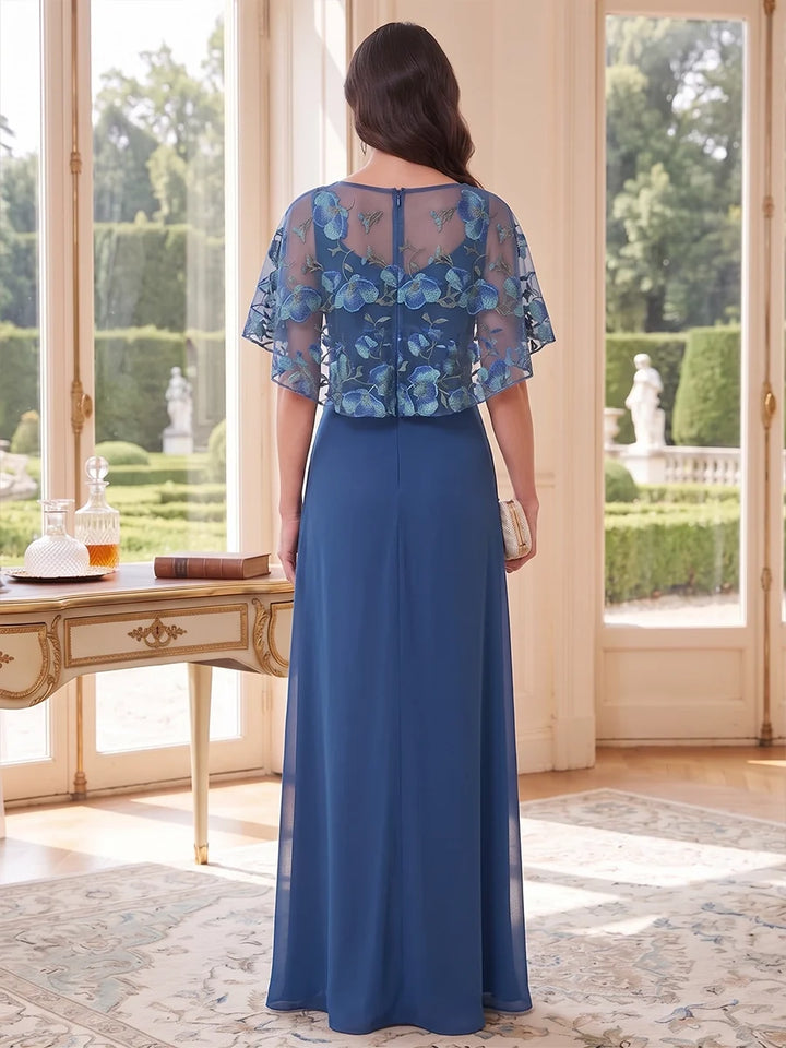 A-Line/Princess Boat Neck Chiffon Mother of the Bride Dresses Floral Cape Sleeves Floor-Length