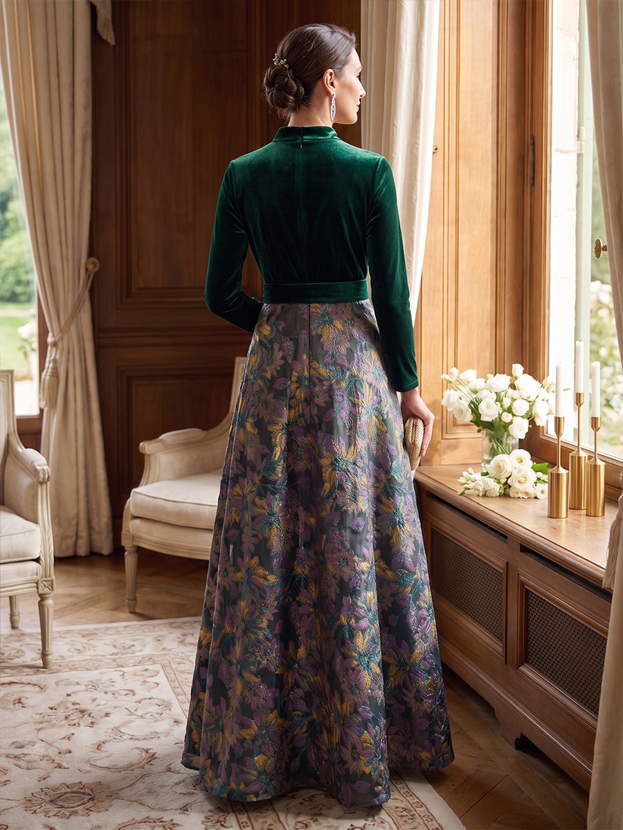 A-Line/Princess V-Neck Velvet Mother of the Bride Dresses Long Sleeves Floor-Length With Bowknot