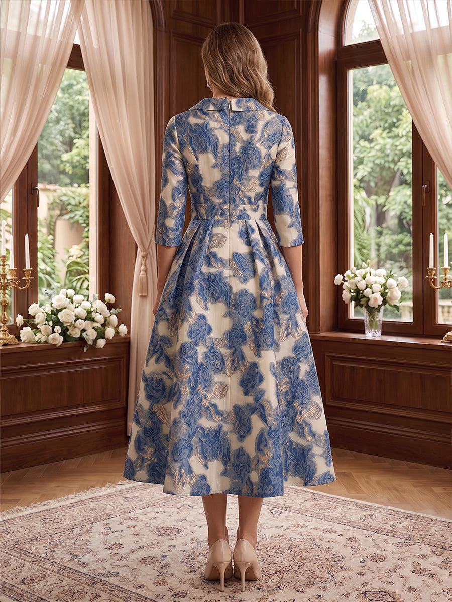 A-Line/Princess V-Neck Jacquard Mother of the Bride Dresses Floral 3/4 Sleeves Tea-Length