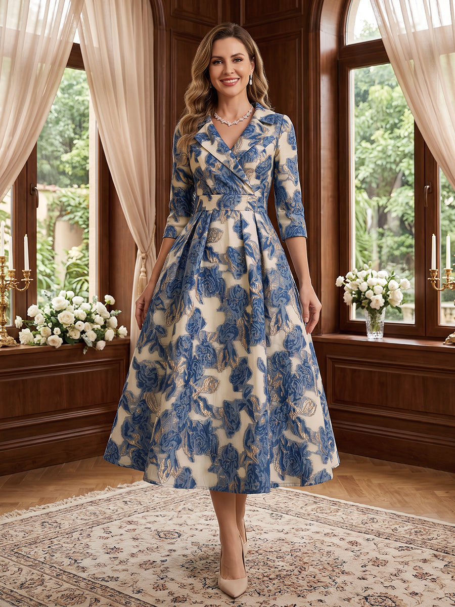 A-Line/Princess V-Neck Jacquard Mother of the Bride Dresses Floral 3/4 Sleeves Tea-Length