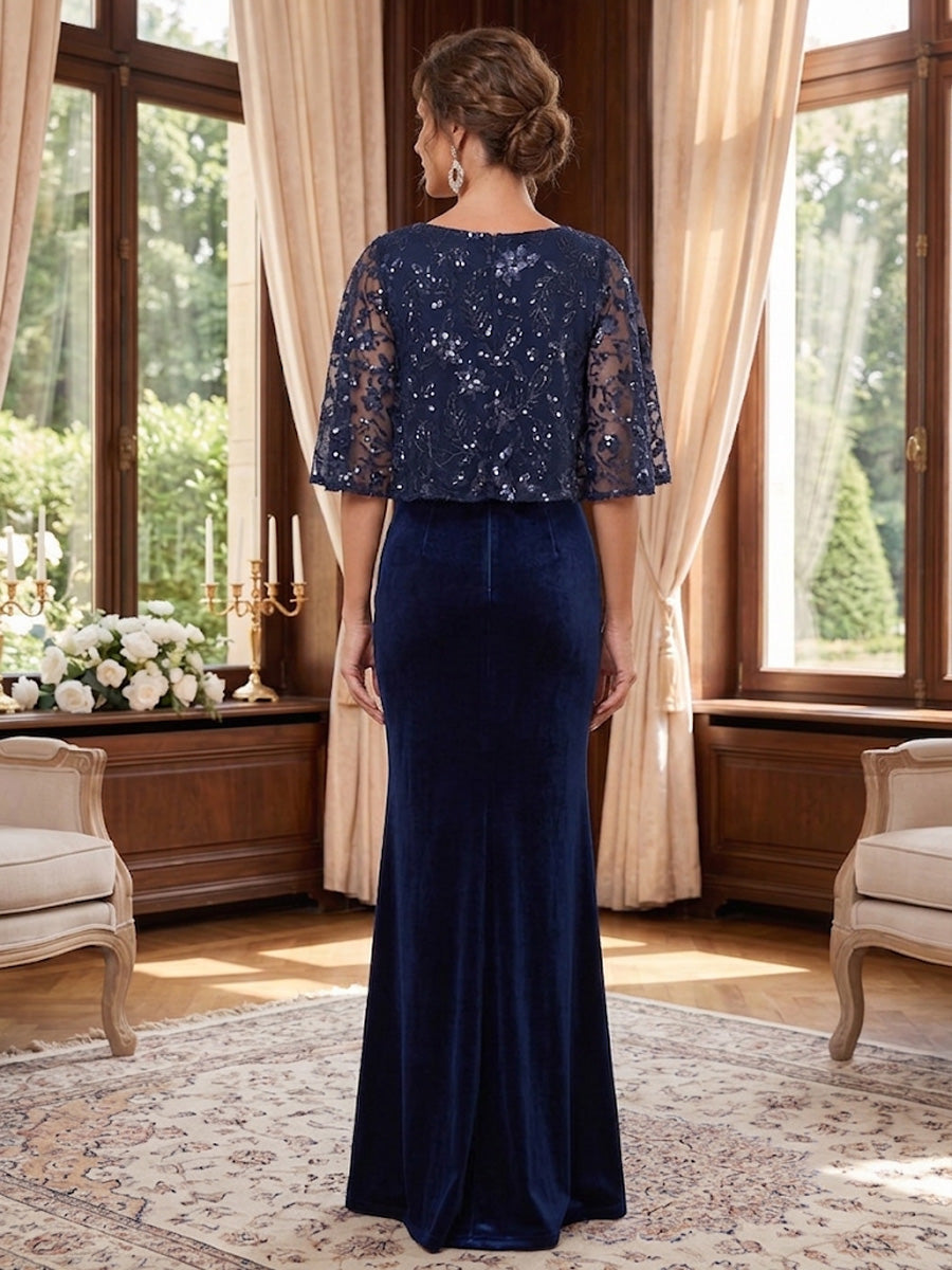 Trumpet/Mermaid Scoop Velvet Mother of the Bride Dresses Sequins Cape Sleeves Floor-Length