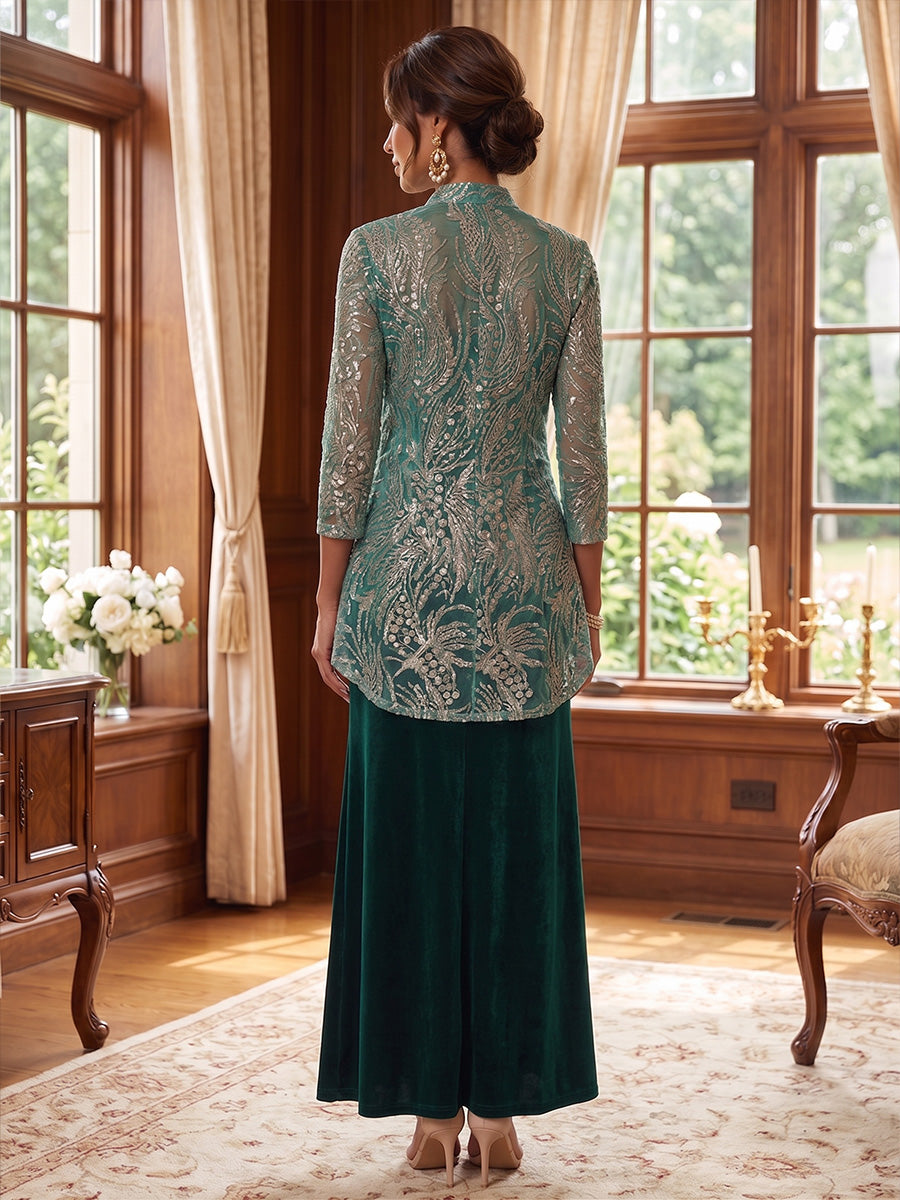 2 Pieces A-Line/Princess V-Neck Velvet Mother of the Bride Dresses Sleeveless &amp; 3/4 Sleeves Ankle-Length Sequins