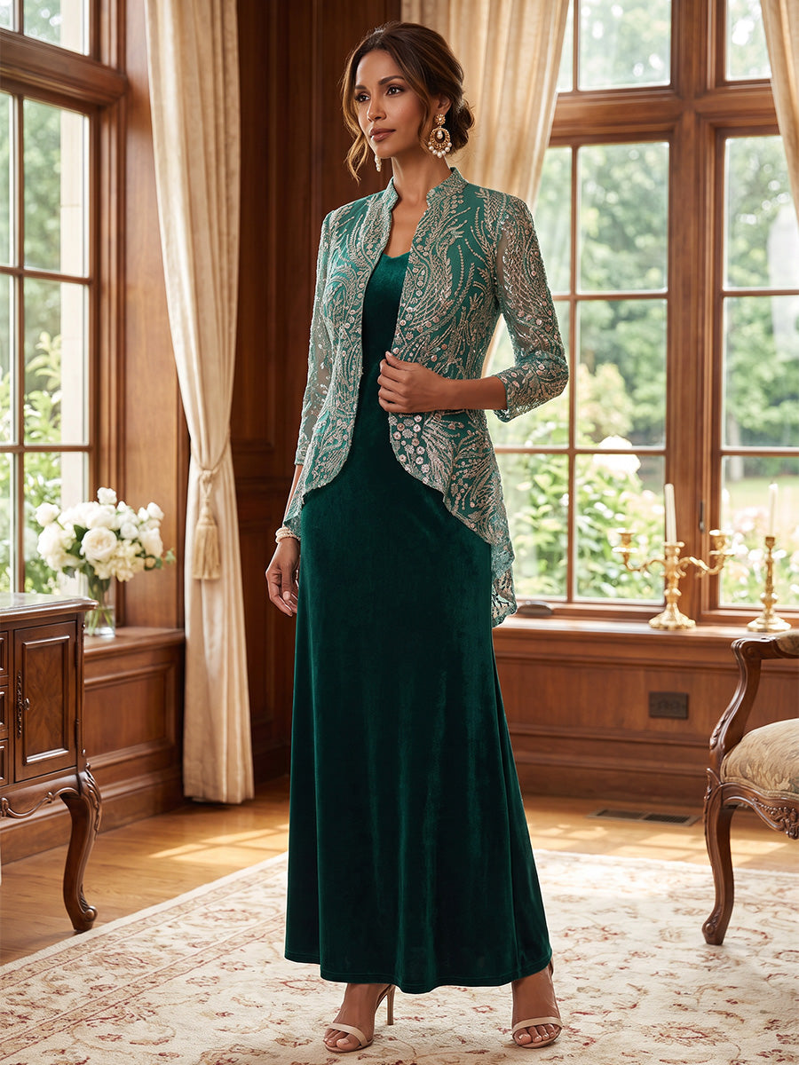 2 Pieces A-Line/Princess V-Neck Velvet Mother of the Bride Dresses Sleeveless &amp; 3/4 Sleeves Ankle-Length Sequins