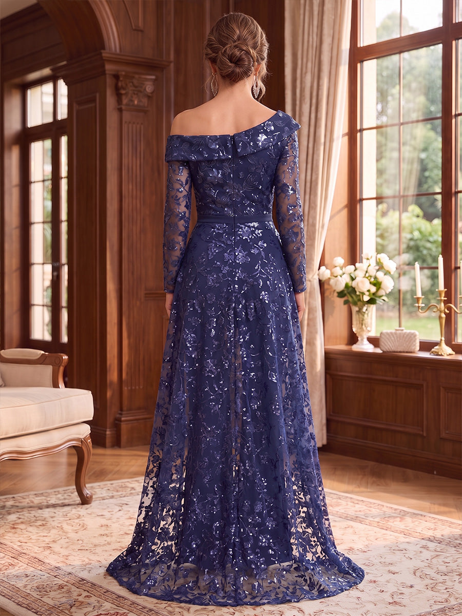 One-Shoulder Chiffon Mother of the Bride Jumpsuits Long Sleeves Ankle-Length Sequins With Overskirt