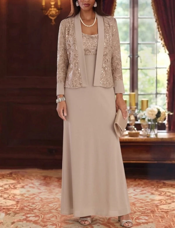 A-Line/Princess Scoop Chiffon Mother of the Bride Dresses with Jacket Lace Floral Long Sleeves Ankle-Length