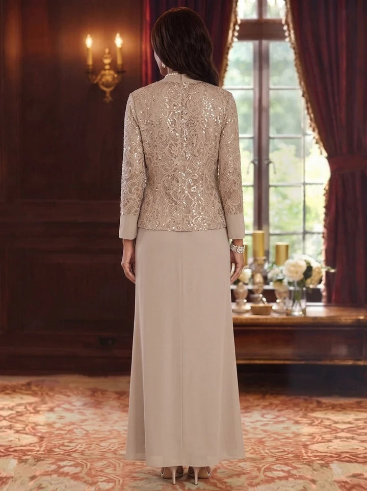 A-Line/Princess Scoop Chiffon Mother of the Bride Dresses with Jacket Lace Floral Long Sleeves Ankle-Length