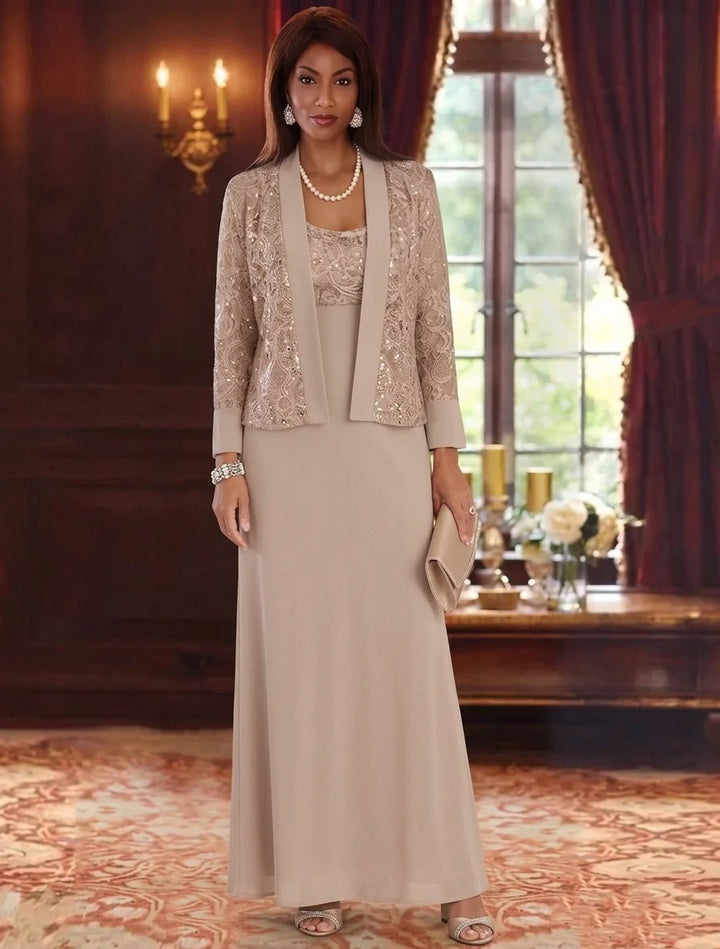 A-Line/Princess Scoop Chiffon Mother of the Bride Dresses with Jacket Lace Floral Long Sleeves Ankle-Length