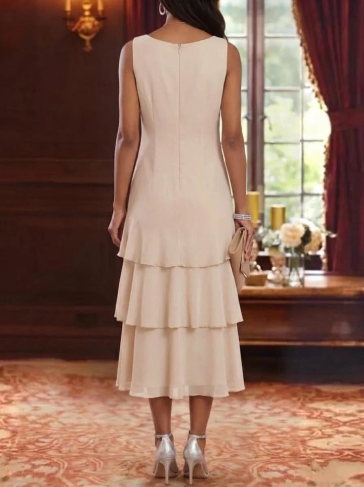 2 Pieces A-Line/Princess Scoop Chiffon Mother of the Bride Dresses with Jacket Long Sleeves Ruffles Tea-Length Floral