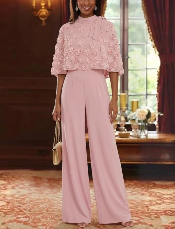 2 Piece Jumpsuits Mock Neck Chiffon Mother of the Bride Dresses with Wrap Sleeveless Floor-Length With 3D Flowers
