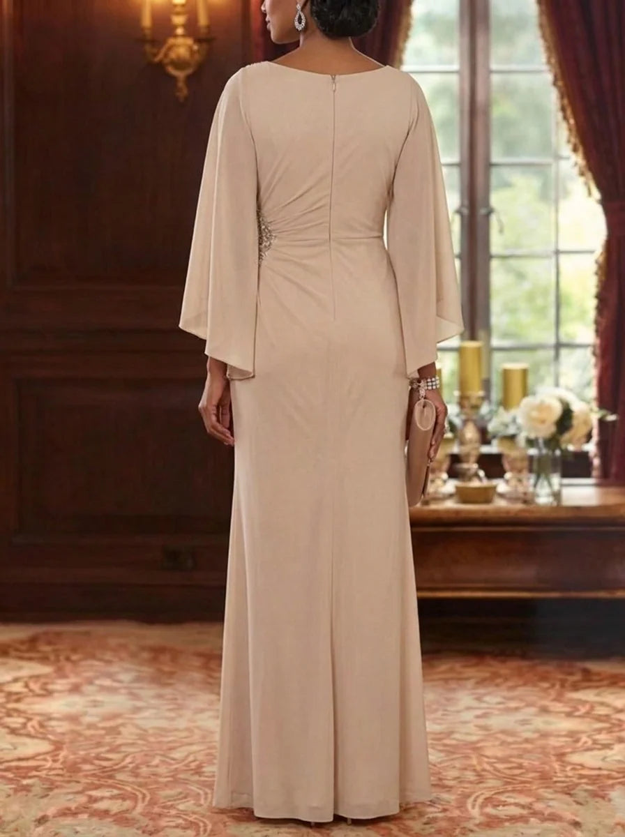 A-Line/Princess V-Neck Chiffon Mother of the Bride Dresses 3/4 Sleeves Ruched Beading Floor-Length