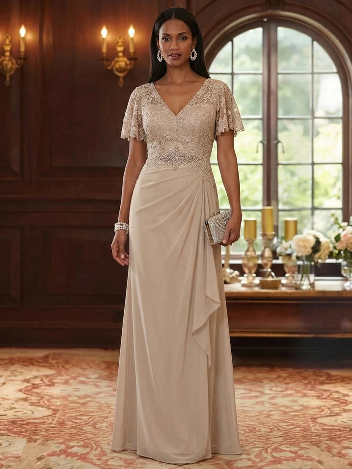 A-Line/Princess V-Neck Chiffon Mother of the Bride Dresses Short Sleeves Lace Floral Ruffles Floor-Length