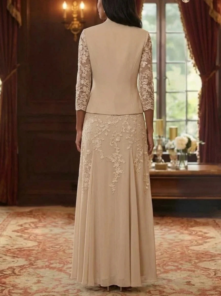 A-Line/Princess V-Neck Chiffon Mother of the Bride Dresses with Jacket 3/4 Sleeves Lace Floral Floor-Length