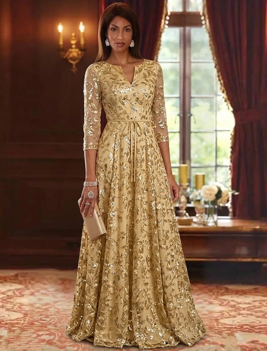 A-Line/Princess V-Neck Sequin Embroidery Mother of the Bride Dresses 3/4 Sleeves Floor-Length