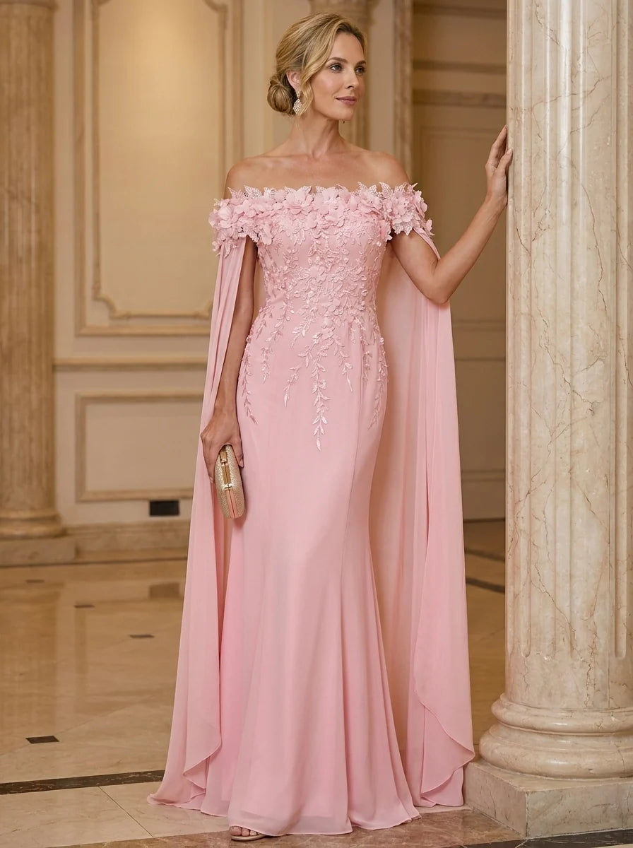Trumpet/Mermaid Off-the-Shoulder Chiffon Mother of the Bride Dresses with 3D Flowers Cape Sleeves Floor-Length Lace Floral