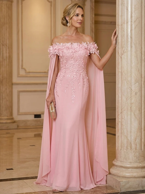 Trumpet/Mermaid Off-the-Shoulder Chiffon Mother of the Bride Dresses with 3D Flowers Cape Sleeves Floor-Length Lace Floral