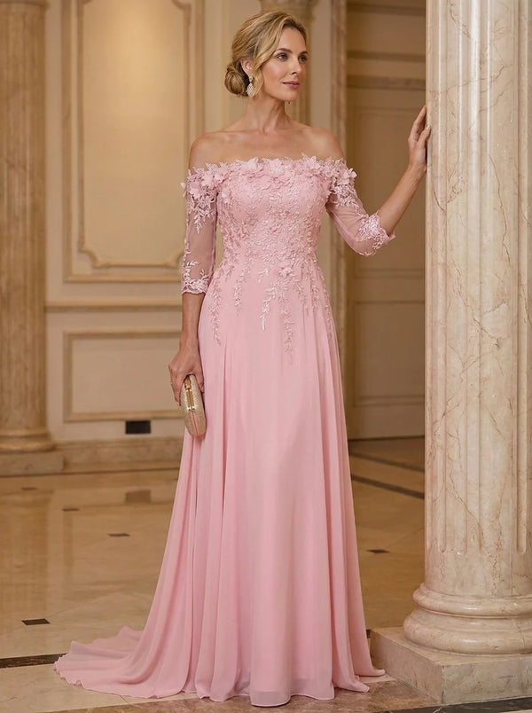 A-Line/Princess Off-the-Shoulder Chiffon Mother of the Bride Dresses with 3D Flowers 3/4 Sleeves Floor-Length Lace Floral