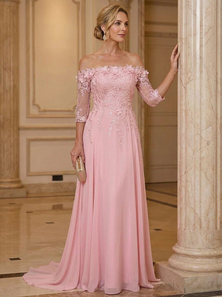 A-Line/Princess Off-the-Shoulder Chiffon Mother of the Bride Dresses with 3D Flowers 3/4 Sleeves Floor-Length Lace Floral