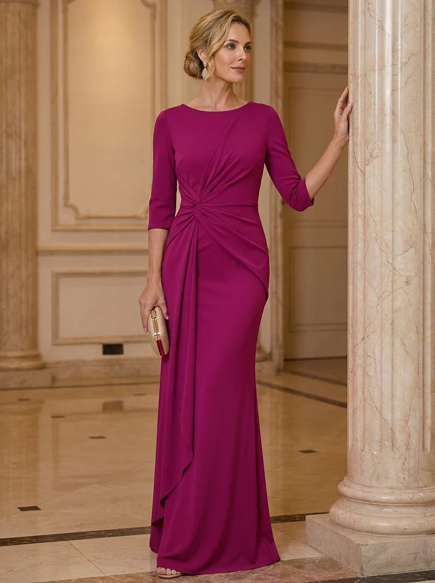 Sheath/Column Scoop Stretch Satin Mother of the Bride Dresses 3/4 Sleeves Floor-Length Ruched