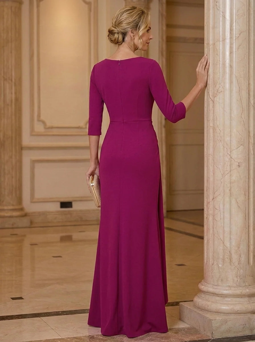 Sheath/Column Scoop Stretch Satin Mother of the Bride Dresses 3/4 Sleeves Floor-Length Ruched