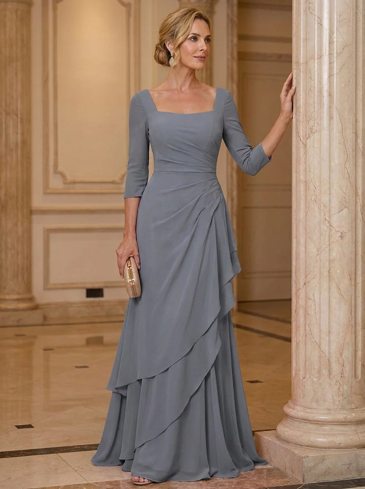 A-Line/Princess Square Collar Chiffon Mother of the Bride Dresses 3/4 Sleeves Floor-Length Ruched Ruffles