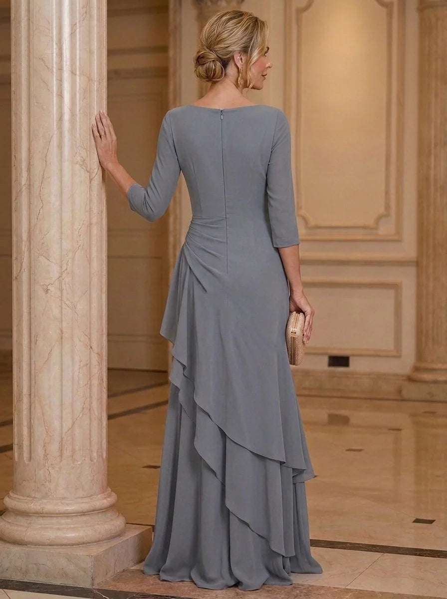 A-Line/Princess Square Collar Chiffon Mother of the Bride Dresses 3/4 Sleeves Floor-Length Ruched Ruffles