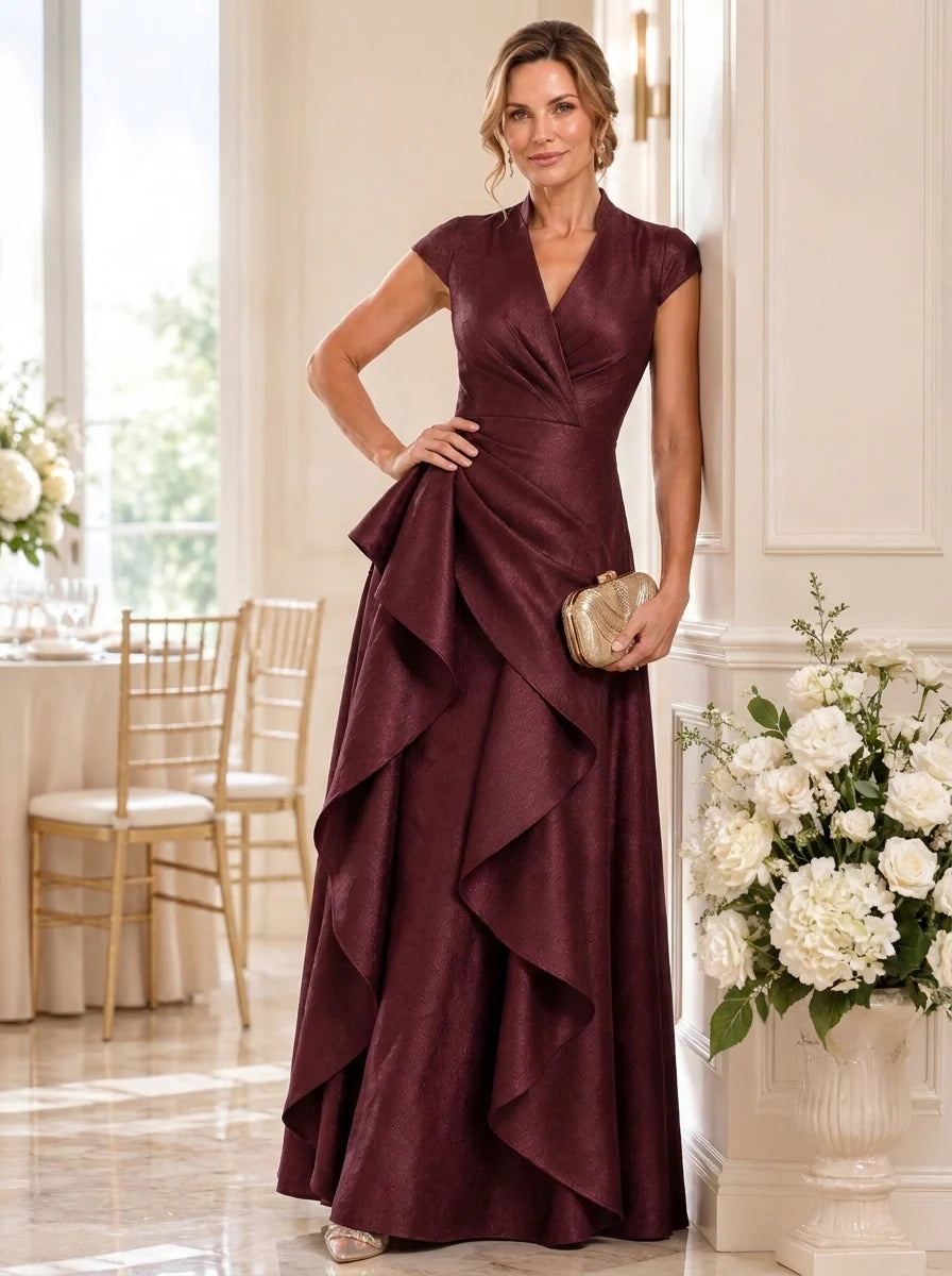 A-Line/Princess V-Neck Satin Mother of the Bride Dresses Floor-Length Ruffles Cap Sleeves