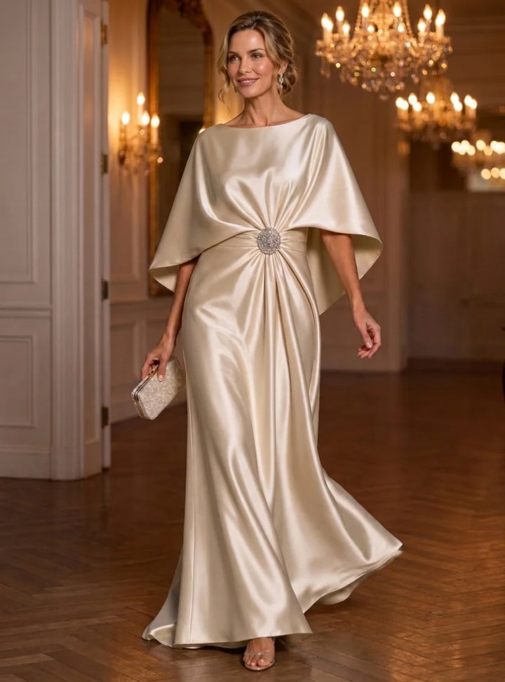A-Line/Princess Boat Neck Satin Mother of the Bride Dresses Floor-Length Ruched Cape Sleeves