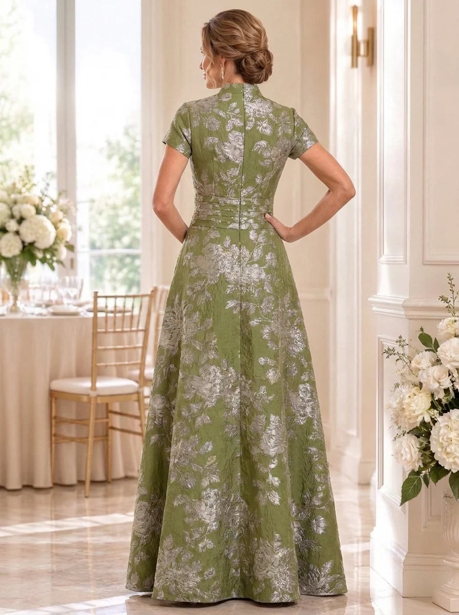 A-Line/Princess V-Neck Jacquard Mother of the Bride Dresses Floor-Length Ruffles Short Sleeves