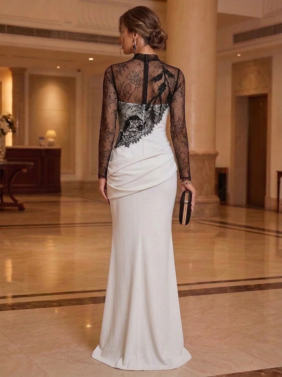 Sheath/Column Mock Neck Stretch Satin Mother of the Bride Dresses Long Sleeves Floor-Length Ruched Lace Floral