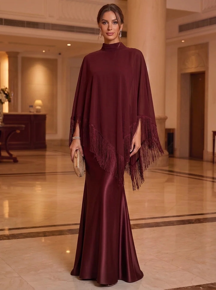 Trumpet/Mermaid Mock Neck Satin Mother of the Bride Dresses Chiffon Floor-Length Fringe Cape Sleeves Tassels