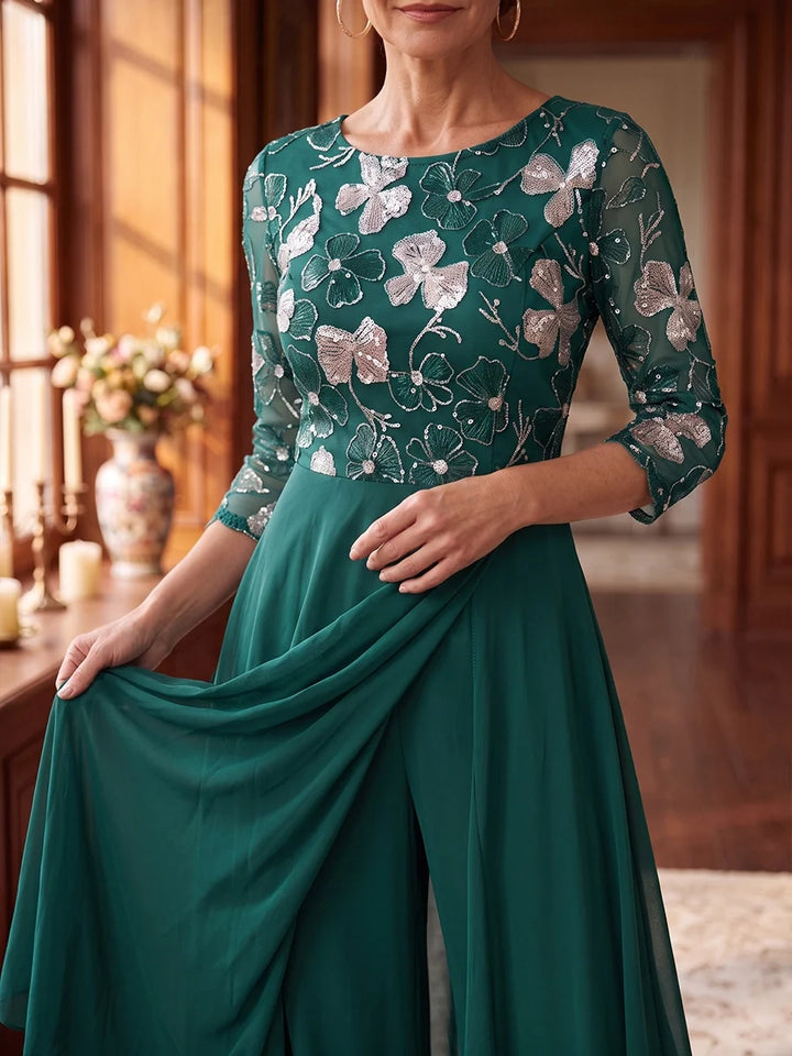 Scoop Chiffon Mother of the Bride Jumpsuit with Overskirt 3/4 Sleeves Floor-Length Floral Sequins